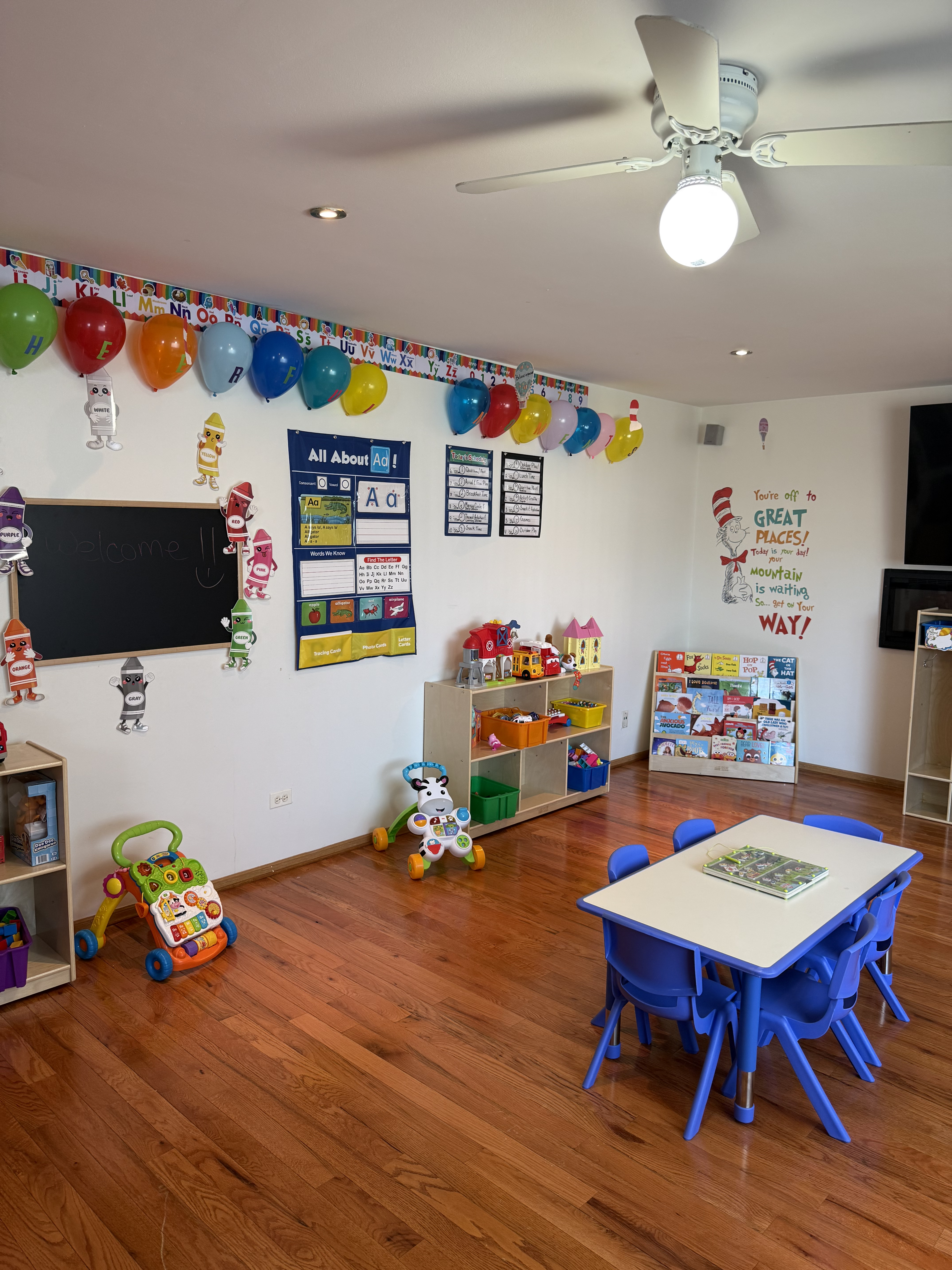 Cozy home daycare interior with learning materials
